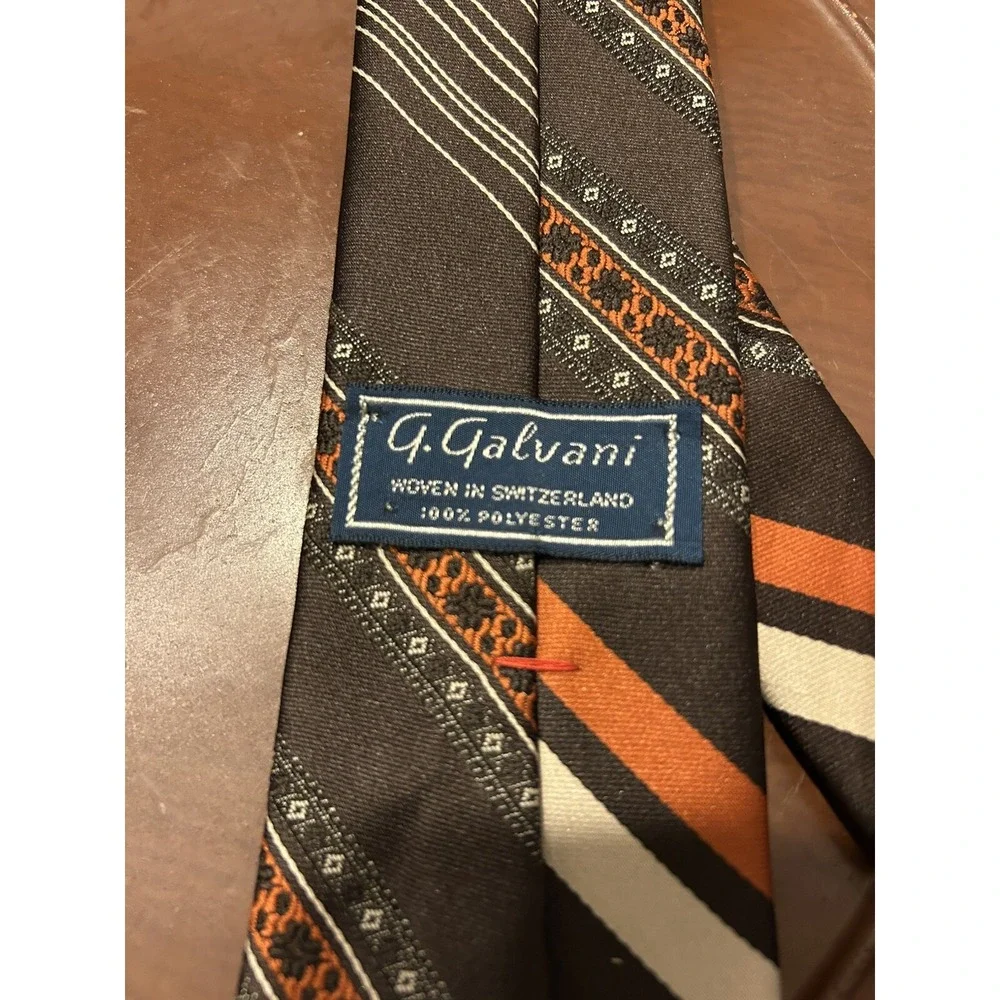 G Galvani Neck Tie Brown Orange‎ Geometric Striped Polyester Vintage
